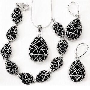 Elegant Sterling Silver and Black Black Jewelry Set | Necklace Earrings Bracelet